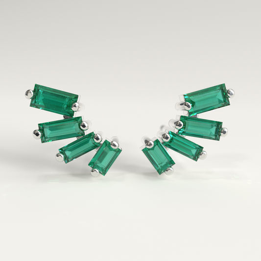 Flare Earrings in 18k white gold — Colombian emerald baguettes fanning open as ear climbers, Fault Line Collection by GOHI