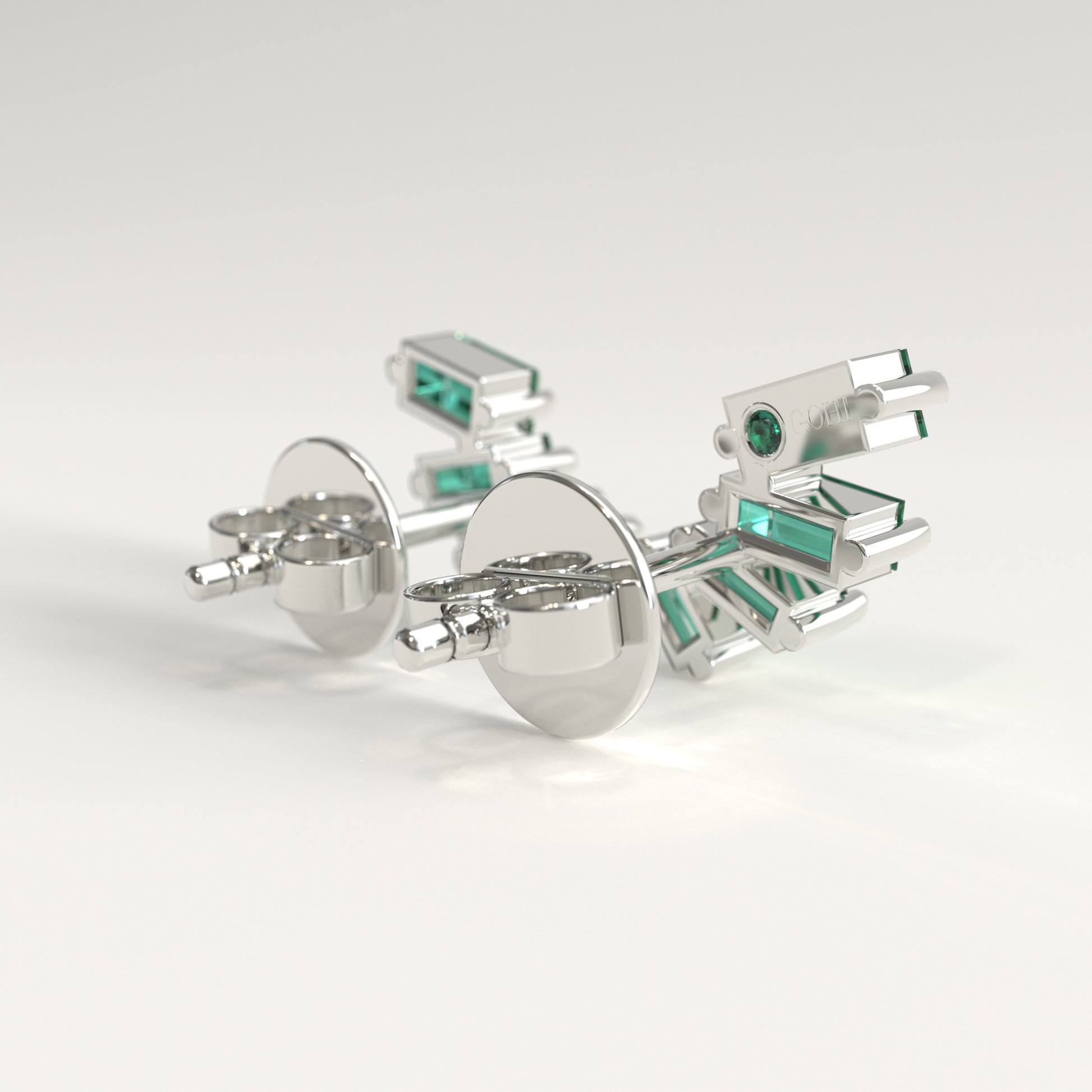 Flare Earrings in 18k white gold — Colombian emerald baguettes fanning open as ear climbers, Fault Line Collection by GOHI back