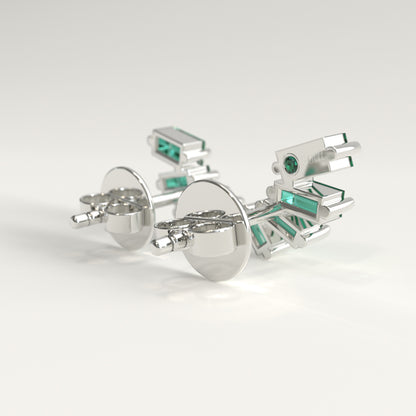 Flare Earrings in 18k white gold — Colombian emerald baguettes fanning open as ear climbers, Fault Line Collection by GOHI back