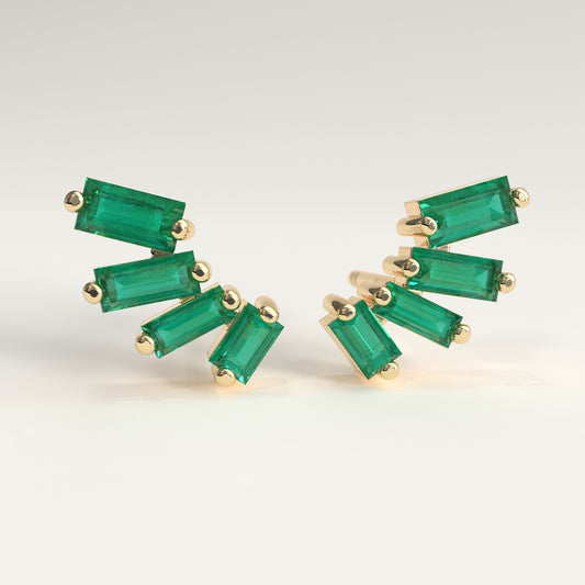 Flare Earrings in 18k yellow gold — Colombian emerald baguettes fanning open as ear climbers, Fault Line Collection by GOHI
