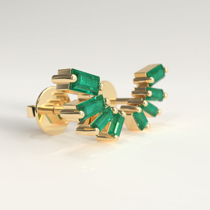 Flare Earrings in 18k yellow gold — Colombian emerald baguettes fanning open as ear climbers, Fault Line Collection by GOHI lat
