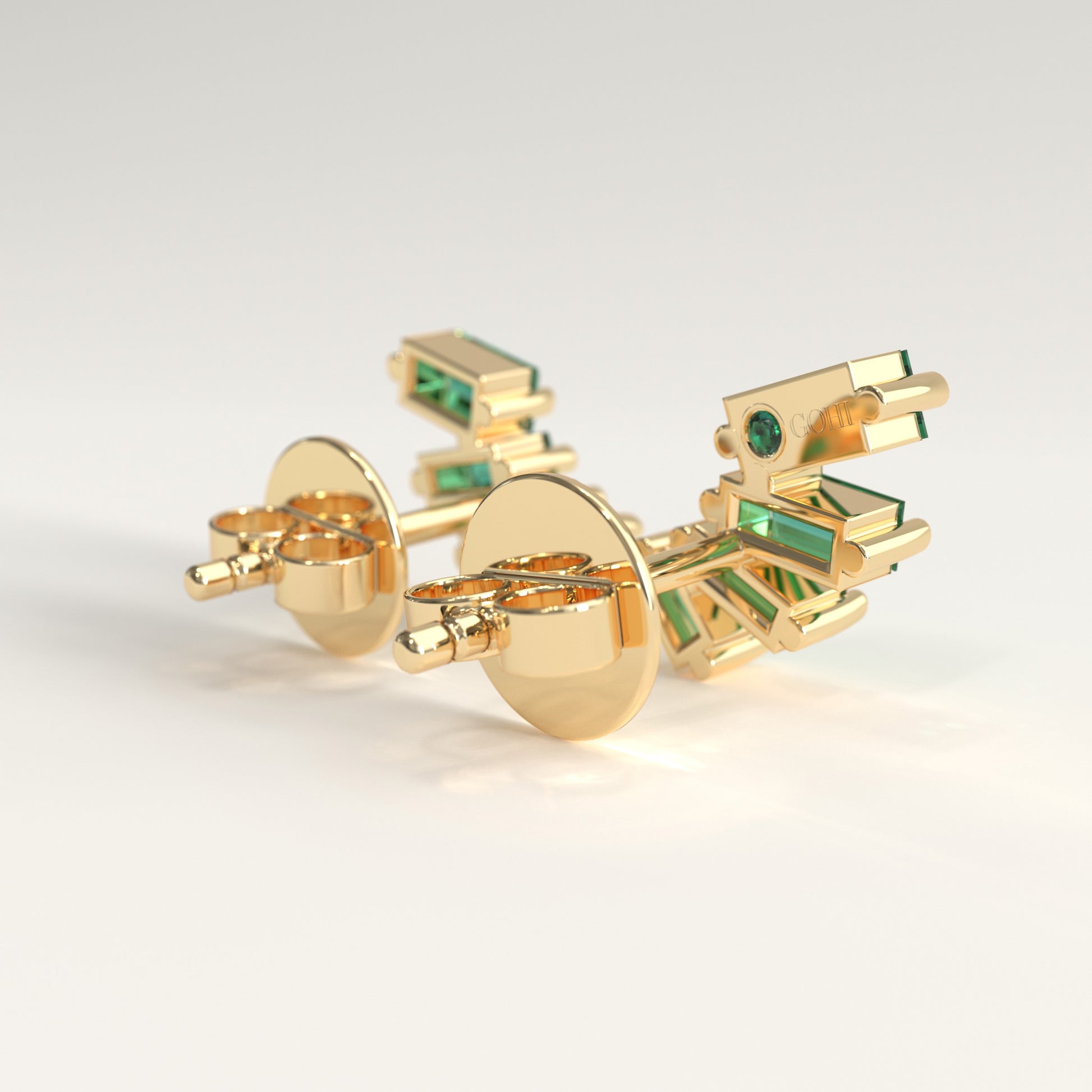 Flare Earrings in 18k yellow gold — Colombian emerald baguettes fanning open as ear climbers, Fault Line Collection by GOHI back