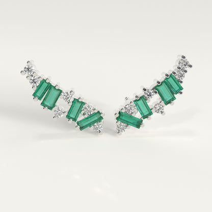 Front view of Rise Earrings — Colombian emerald dominant ear climbers with round diamonds in 18k white gold, GOHI Fault Line
