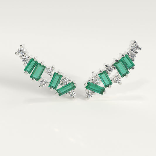 Front view of Rise Earrings — Colombian emerald dominant ear climbers with round diamonds in 18k white gold, GOHI Fault Line