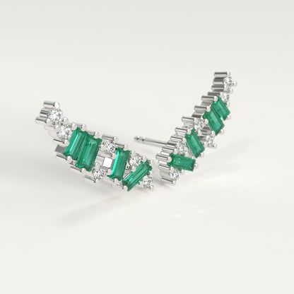Rise Earrings in 18k white gold — Colombian emerald baguettes and round diamonds climbing the ear, Fault Line Collection by GOHI