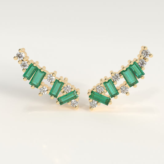 Rise Earrings in 18k yellow gold — Colombian emerald baguettes and round diamonds climbing the ear, Fault Line Collection by GOHI