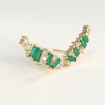 Rise Earrings in 18k yellow gold — Colombian emerald baguettes and round diamonds climbing the ear, Fault Line Collection by GOHI - lateral