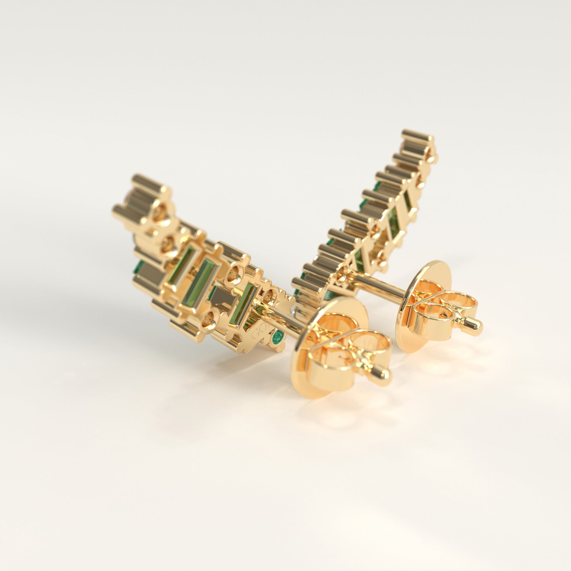 Rise Earrings in 18k yellow gold — Colombian emerald baguettes and round diamonds climbing the ear, Fault Line Collection by GOHI back