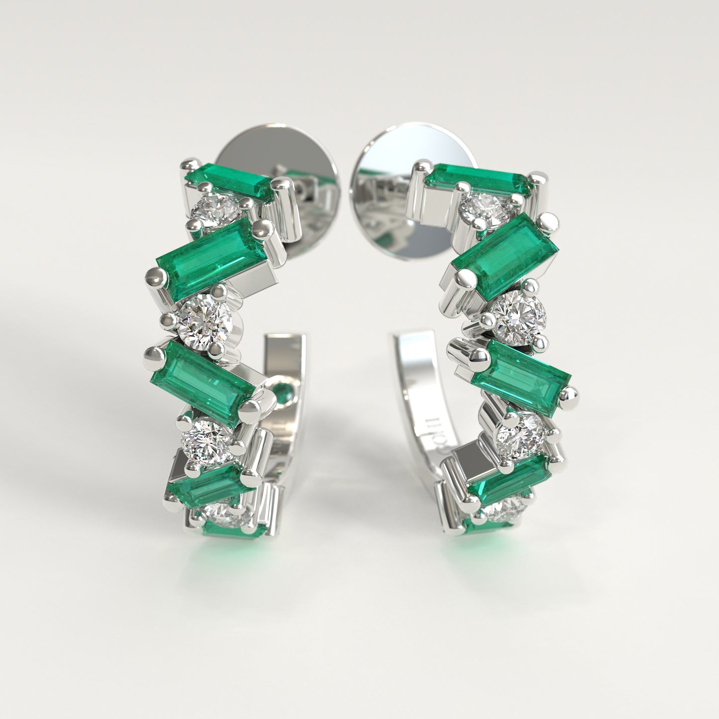 Shift Earrings in 18k white gold — Colombian emerald baguettes and round diamonds in alternating hoop earrings, Fault Line Collection by GOHI