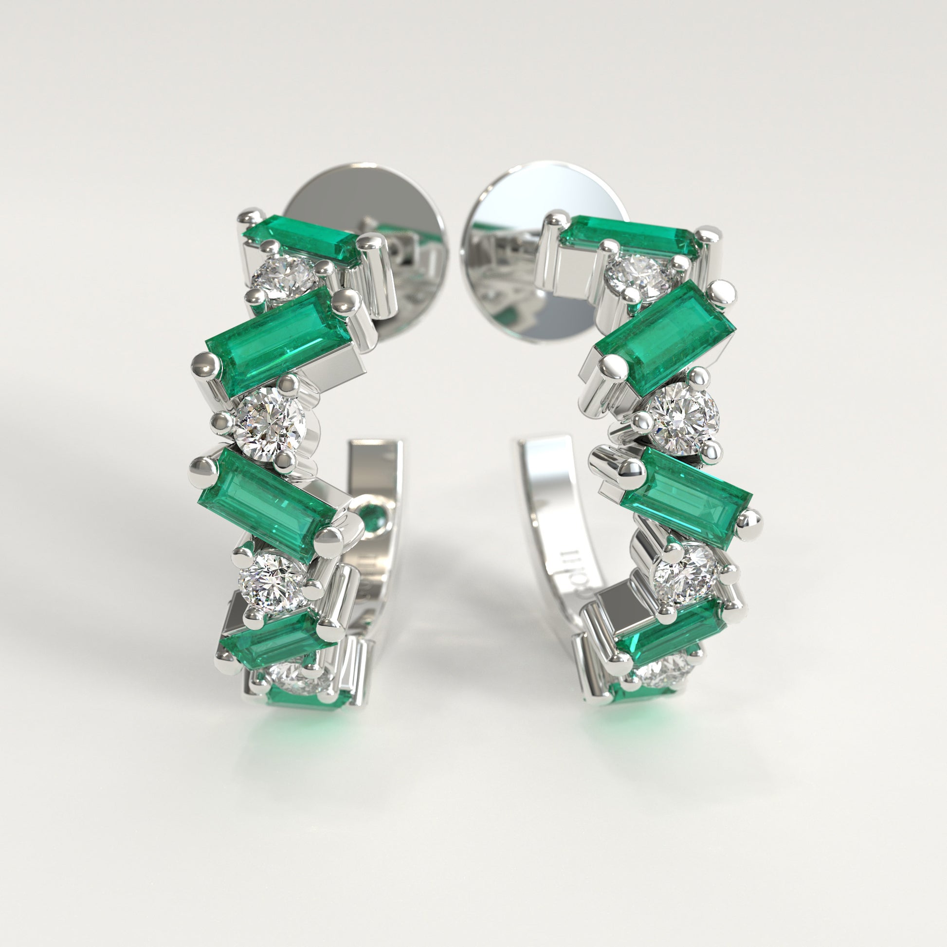 Shift Earrings in 18k white gold — Colombian emerald baguettes and round diamonds in alternating hoop earrings, Fault Line Collection by GOHI