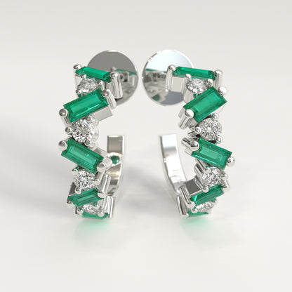 Shift Earrings in 18k white gold — Colombian emerald baguettes and round diamonds in alternating hoop earrings, Fault Line Collection by GOHI