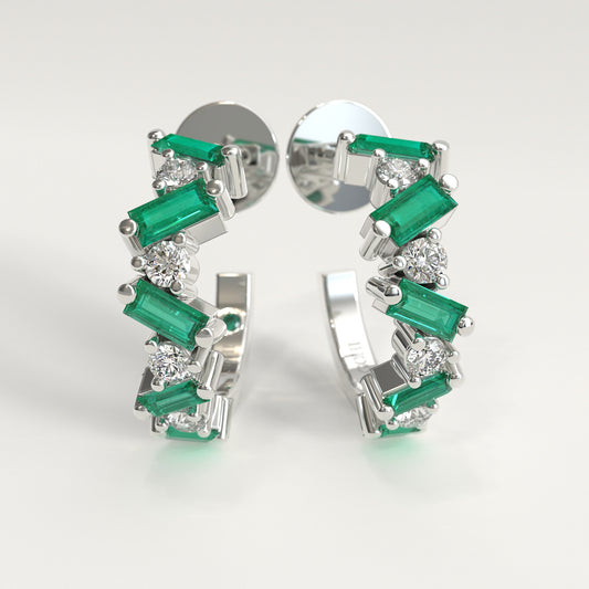 Shift Earrings in 18k white gold — Colombian emerald baguettes and round diamonds in alternating hoop earrings, Fault Line Collection by GOHI