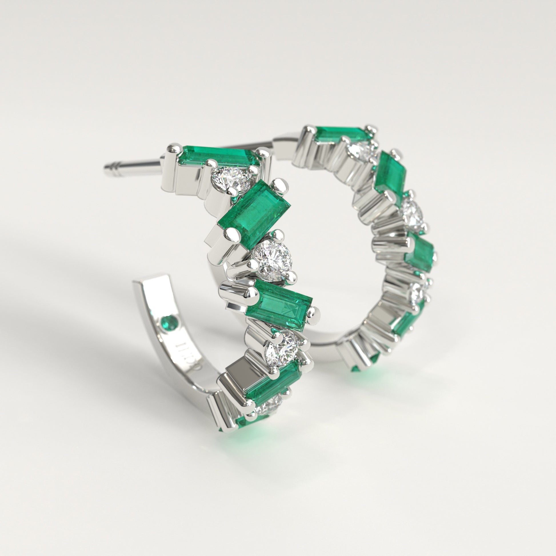 Shift Earrings in 18k white gold — Colombian emerald baguettes and round diamonds in alternating hoop earrings, Fault Line Collection by GOHI LATeral