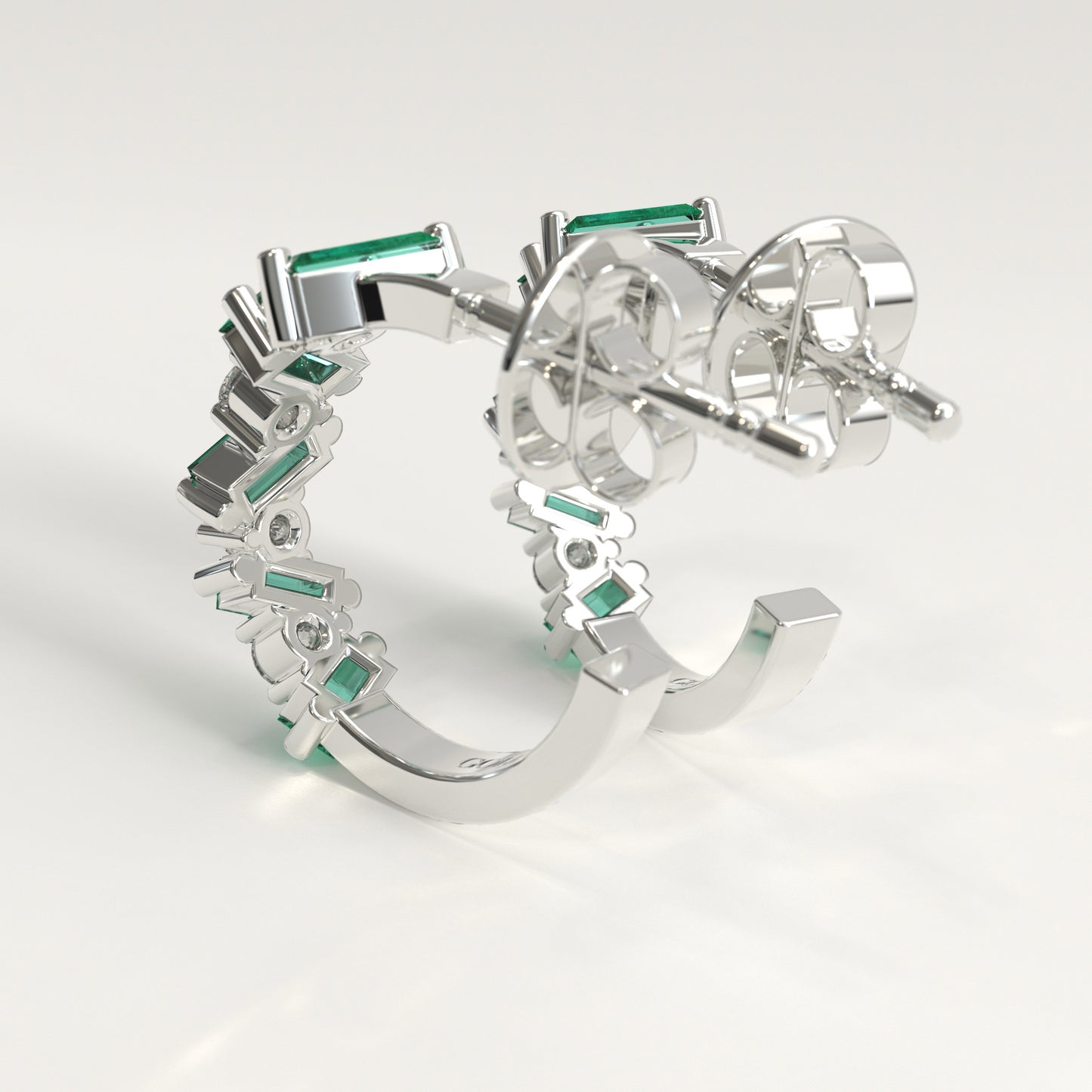 Shift Earrings in 18k white gold — Colombian emerald baguettes and round diamonds in alternating hoop earrings, Fault Line Collection by GOHI Back