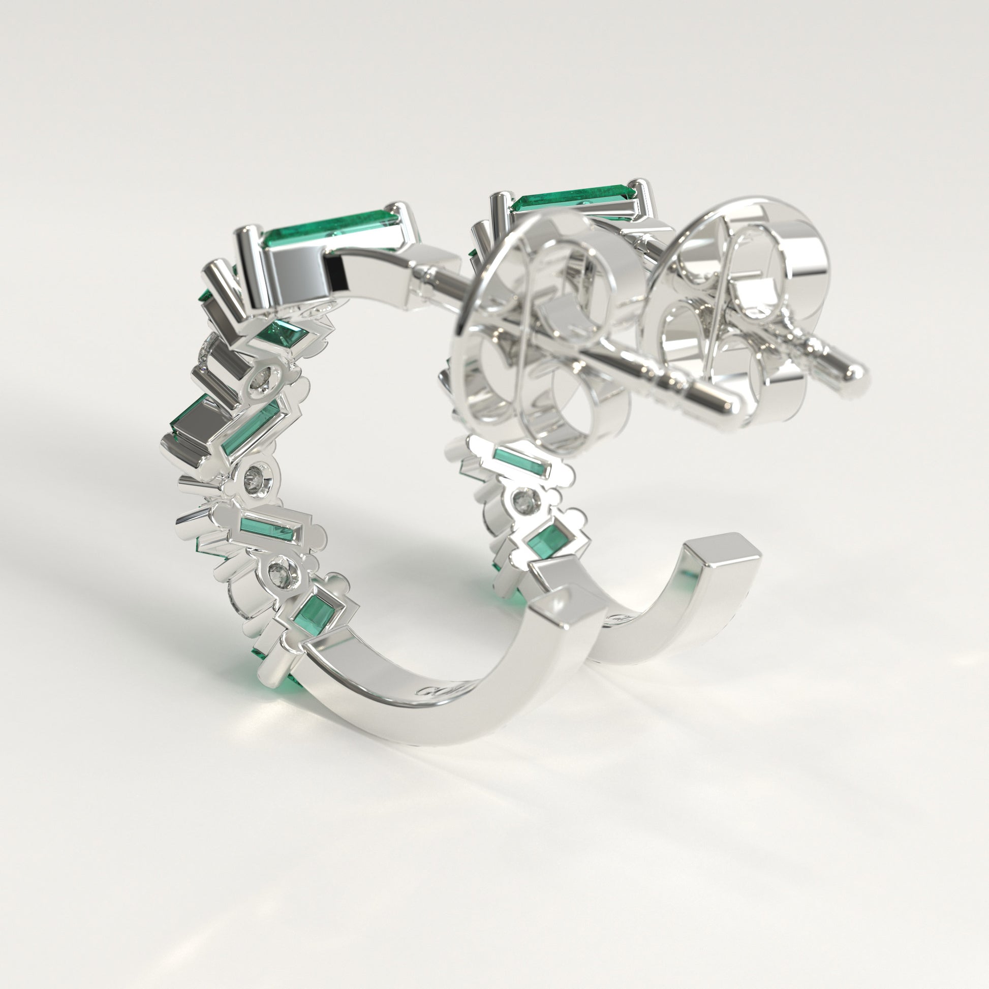 Shift Earrings in 18k white gold — Colombian emerald baguettes and round diamonds in alternating hoop earrings, Fault Line Collection by GOHI Back