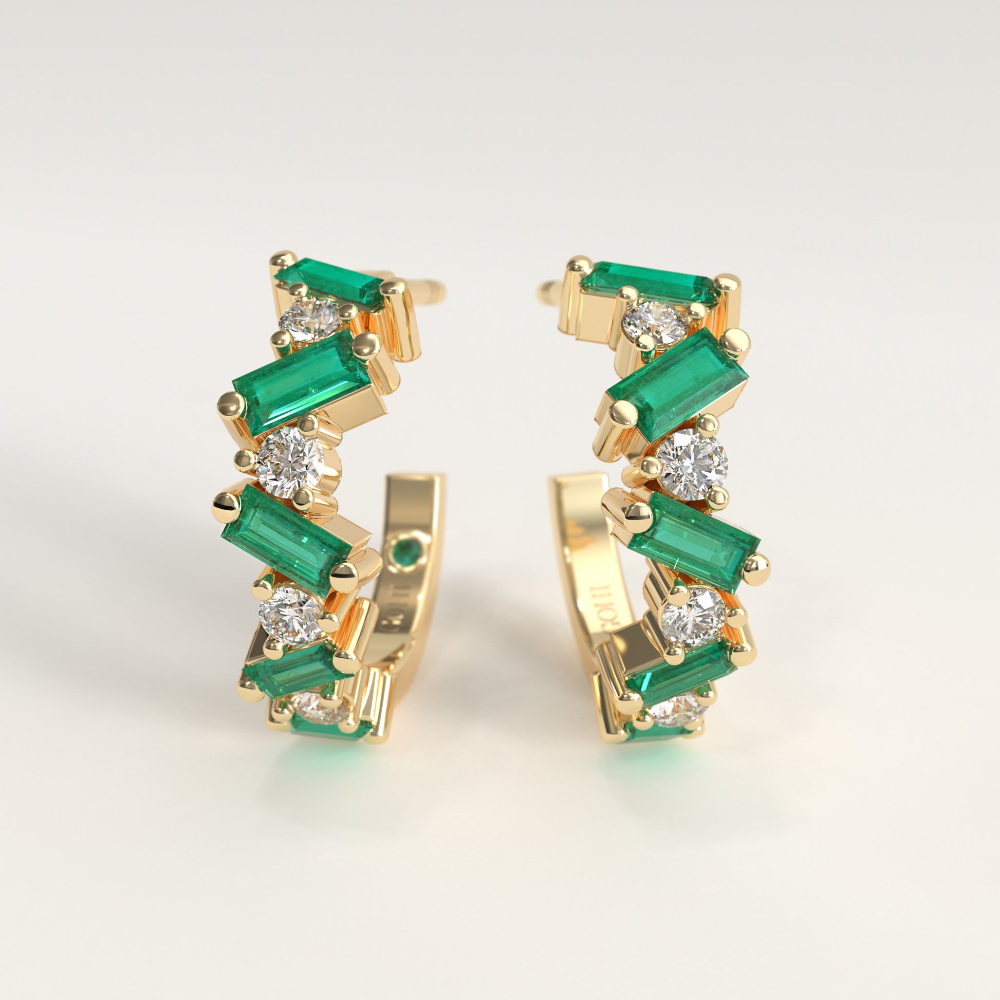 Shift Earrings in 18k yellow gold — Colombian emerald baguettes and round diamonds in alternating hoop earrings, Fault Line Collection by GOHI