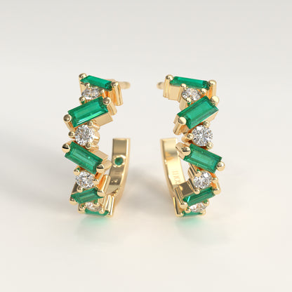 Shift Earrings in 18k yellow gold — Colombian emerald baguettes and round diamonds in alternating hoop earrings, Fault Line Collection by GOHI