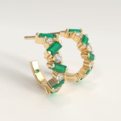 Shift Earrings in 18k yellow gold — Colombian emerald baguettes and round diamonds in alternating hoop earrings, Fault Line Collection by GOHI lateral