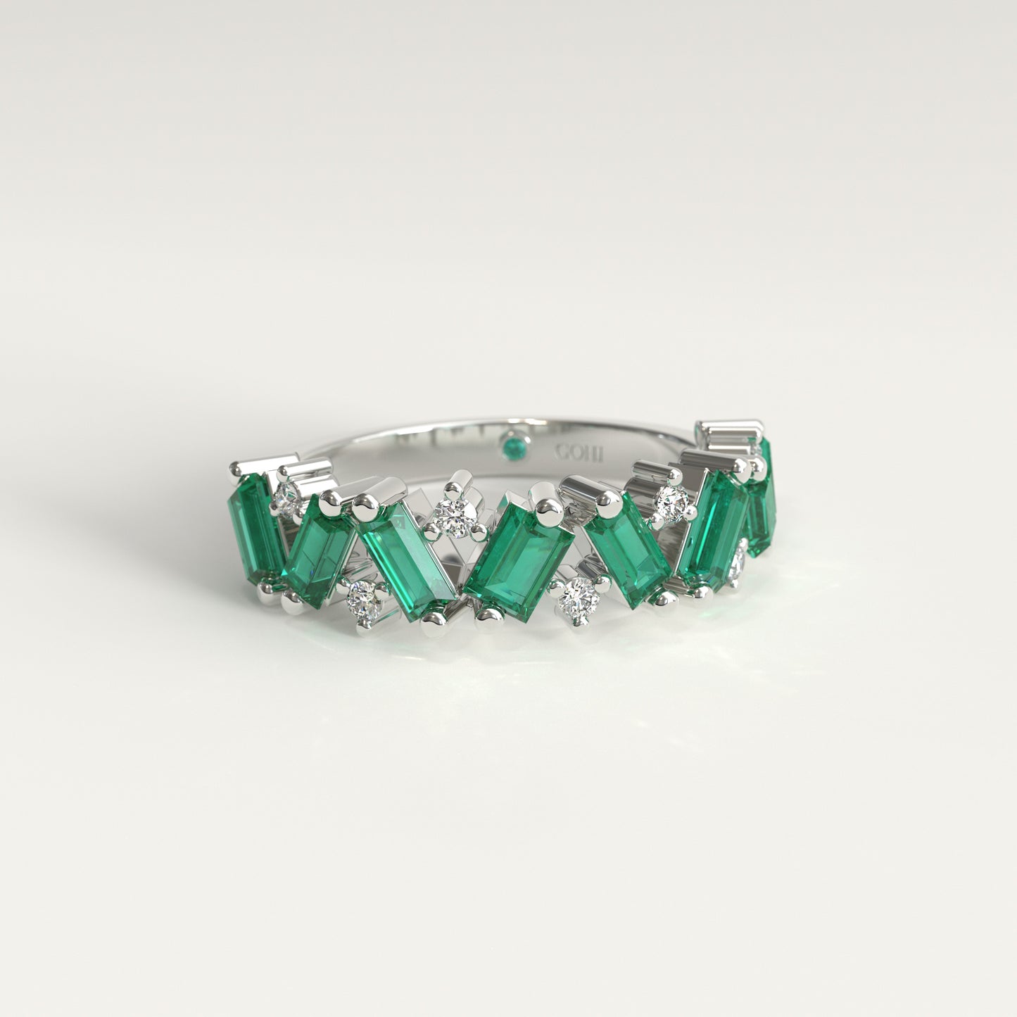 Anillo de Esmeraldas Colombianas Baguette y Diamantes Redondos