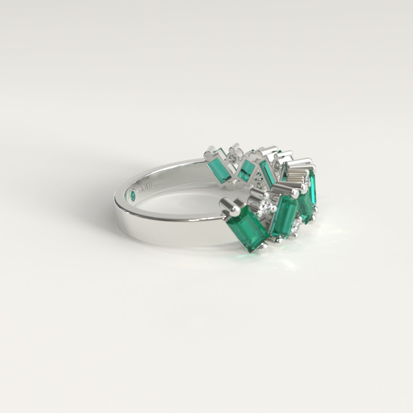 Anillo de Esmeraldas Colombianas Baguette y Diamantes Redondos