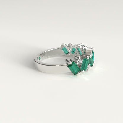 Anillo de Esmeraldas Colombianas Baguette y Diamantes Redondos