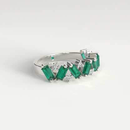 Anillo de Esmeraldas Colombianas Baguette y Diamantes Redondos