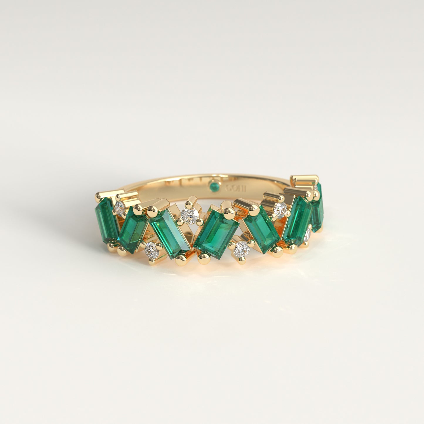 Anillo de Esmeraldas Colombianas Baguette y Diamantes Redondos