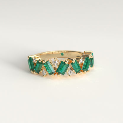 Anillo de Esmeraldas Colombianas Baguette y Diamantes Redondos