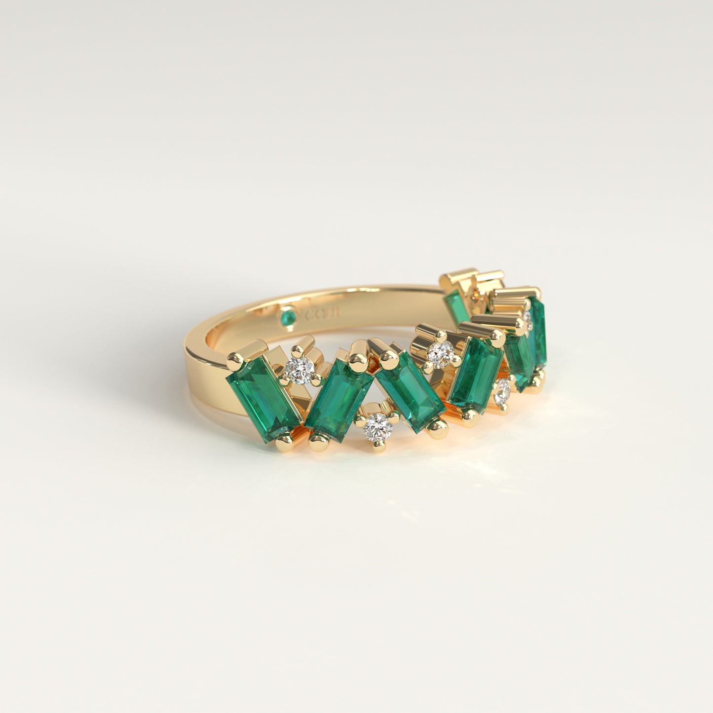 Anillo de Esmeraldas Colombianas Baguette y Diamantes Redondos