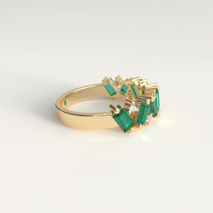 Anillo de Esmeraldas Colombianas Baguette y Diamantes Redondos