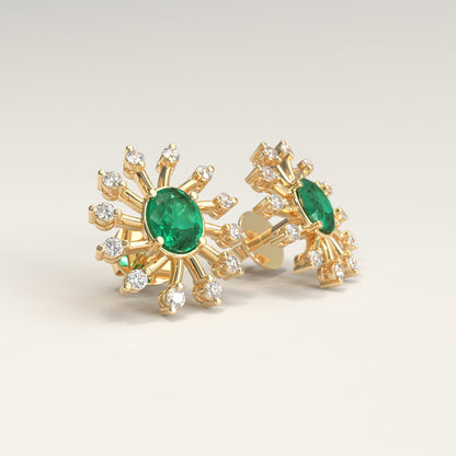 Nova Earrings in 18k yellow gold — Colombian emerald and diamond burst stud earrings, Soiree Collection by GOHI